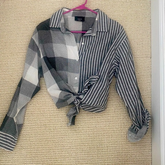 Vici Tops - Vici Striped and Plaid Tie Top